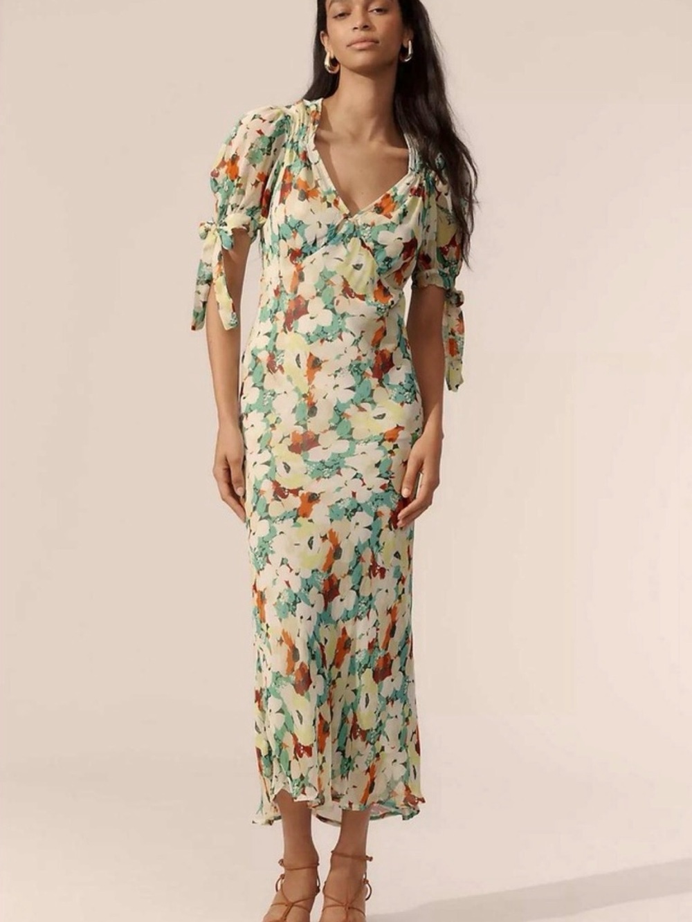 Anthropologie Floral Tie-Sleeve Midi Dress - Green Multi